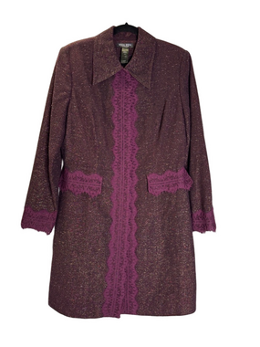 Bisou Bisou Vintage Sparkle Plum Coat with Lace Trim